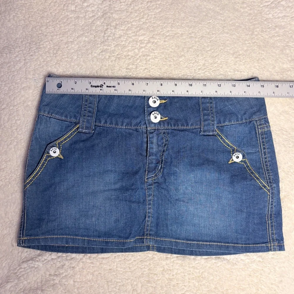 Y2K Denim Rock Low Rise Denim Mini Skirt Blue Embroidered Heart #16